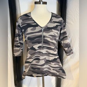 Torrid Black and Gray Camouflage Zip V-Neck Long Sleeve Top
